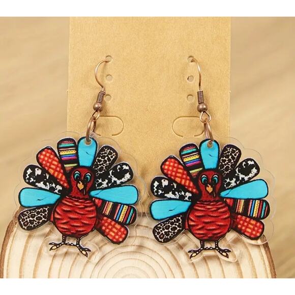 NEW Thanksgiving Turkey Earrings Women Multi-print Fall Autumn Gobble - Picture 2 of 5